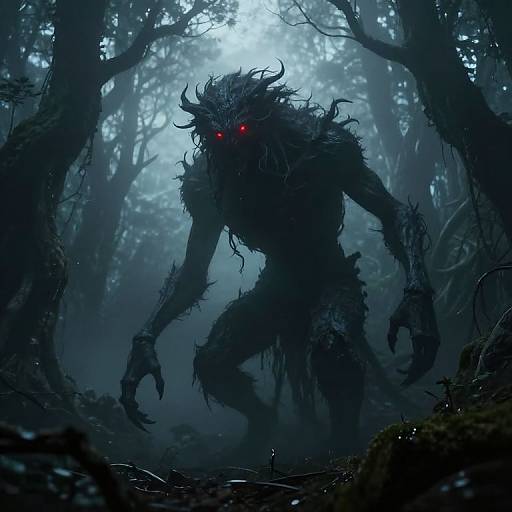 Digital artwork of a menacing, red-eyed, dark, hairy forest monster with sharp claws and twisted limbs, emerging from a misty, dense forest at