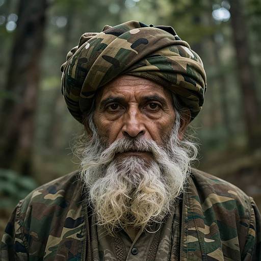 Photograph of an elderly Asian man with a long white beard, wearing a camouflage turban and matching jacket, in a forest. Intense, weather