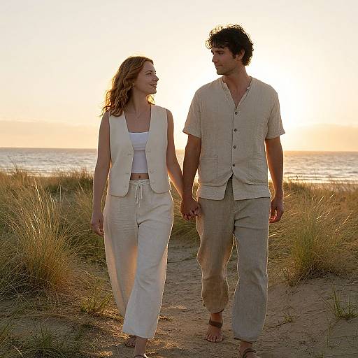 Couple Walking at Golden Coastal Sunset
