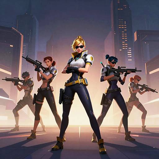 Digital artwork of five female warriors with guns, standing in a neon-lit, futuristic cityscape. Central blonde woman with confident stance, surrounded by four