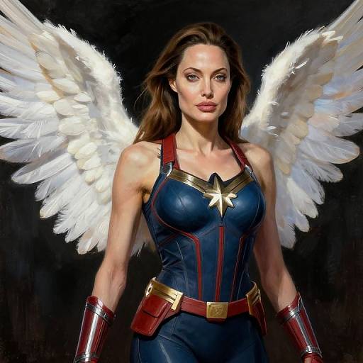 Digital artwork of a strong, beautiful woman with white angel wings, wearing a dark blue, star-emblazoned superhero suit with red accents and gold