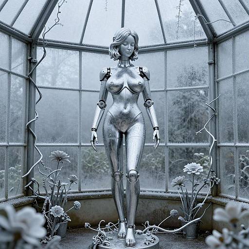 Photograph of a metallic, humanoid female robot with exposed joints, standing in a dusty greenhouse, surrounded by wilted flowers, under a foggy,