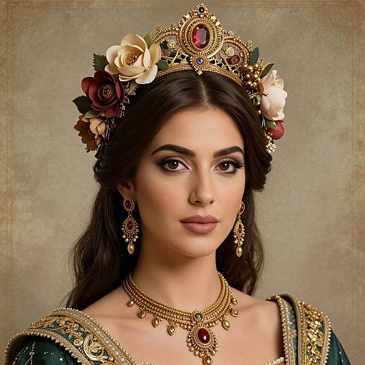 Photograph of a beautiful woman with dark hair, wearing a golden floral crown, ornate jewelry, and an elegant medieval-style green dress.