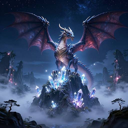 Digital fantasy artwork of a majestic blue and red dragon with large wings, standing on a glowing crystal mountain under a starry night sky.