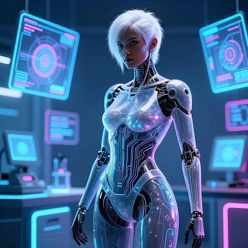 CGI image of a white-haired, silver robotic woman with glowing blue and pink neon lights in a futuristic lab, surrounded by holographic screens.