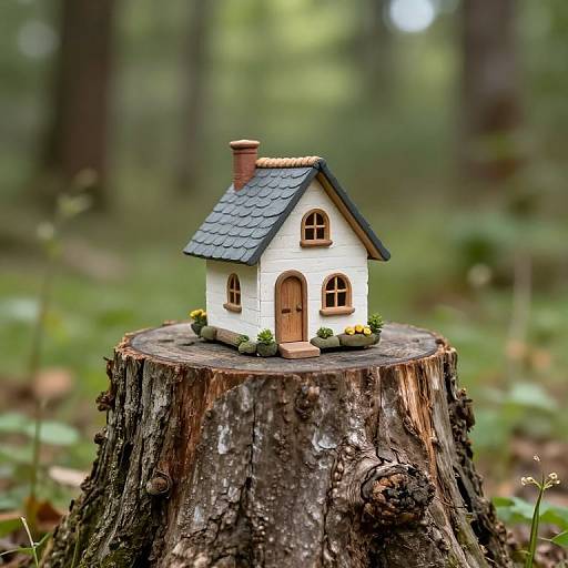 Miniature white house with gray roof and chimney, wooden door, and small green bushes, sits on a tree stump in a blurred forest background. Phot
