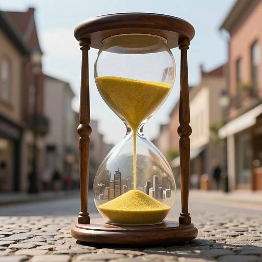 Photograph of a wooden hourglass with yellow sand, displaying a cityscape silhouette at the bottom, set on a cobblestone street in a sun