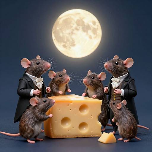Photograph of five dressed-up mice in black tuxedos and bow ties, gathering around a large cheese wedge and small piece, under a bright