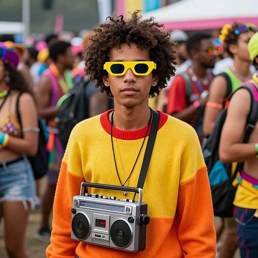Photograph of a young Black man with curly hair, wearing yellow sunglasses, orange-yellow-red sweater, and a silver boombox, standing amidst a colorful