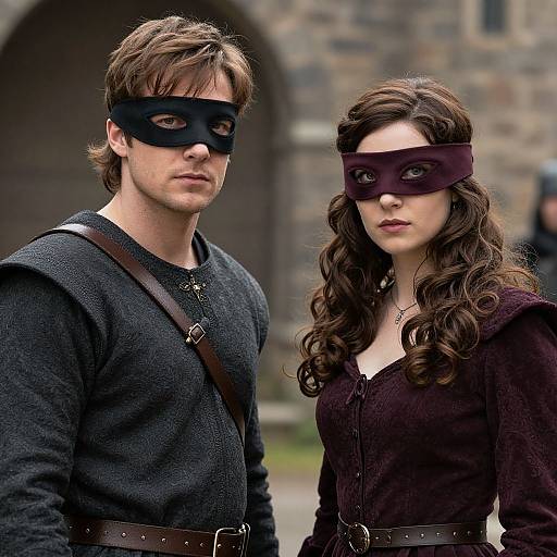 Photograph of a brown-haired man and woman in medieval attire, wearing black and maroon masks, standing outdoors in front of a stone building. Both