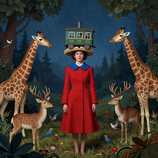 Photograph-style illustration: Woman in red coat and blue collar, wearing a giraffe-shaped hat, stands centered in a forest at night, flanked