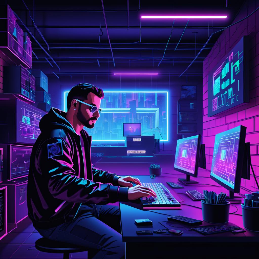 Neon Hacker in a Gritty Basement