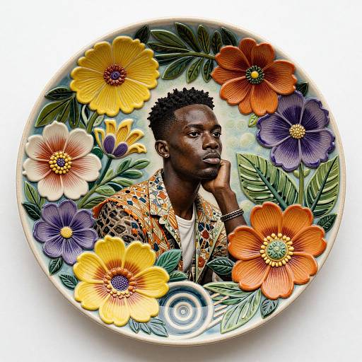 Photograph of a ceramic plate featuring a dark-skinned man with short curly hair, wearing a colorful patterned jacket, surrounded by vibrant orange, yellow