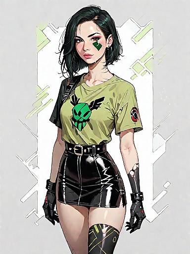 Edgy Woman in Olive T-Shirt and Black Faux Leather Skirt