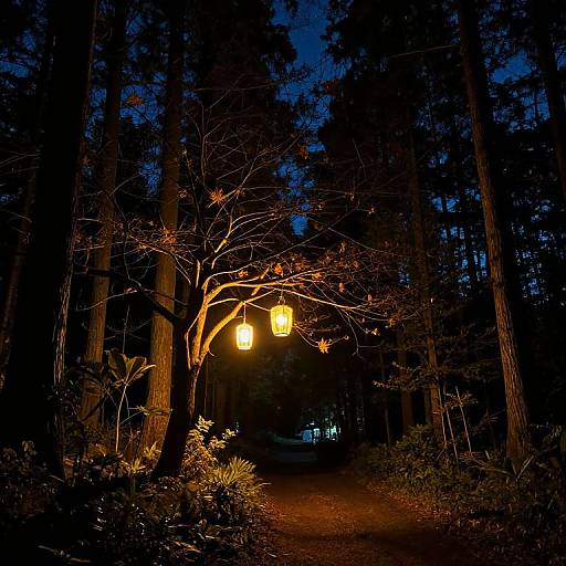 Photograph of a dark forest at night, illuminated by a glowing lantern hanging from a bare tree, casting warm light on the path and surrounding foliage.