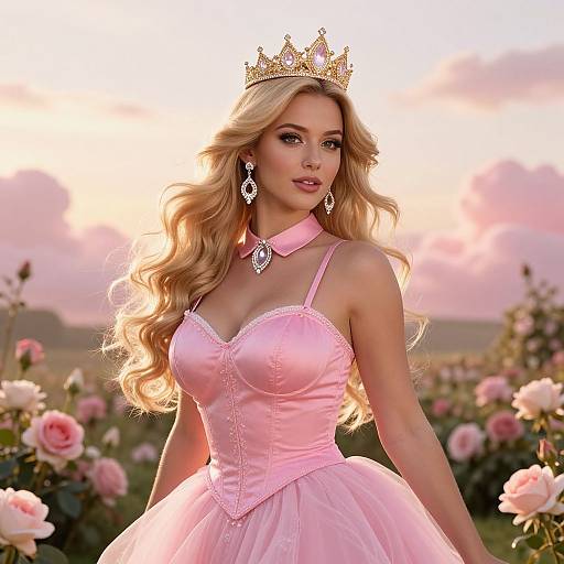 Photograph-style digital art of a blonde princess with wavy hair, wearing a pink corset and tutu, gold crown, and choker,