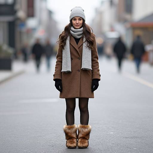 Photograph of a young woman in a brown coat, gray scarf, and fur-trimmed boots, standing on a wet, blurred city street.