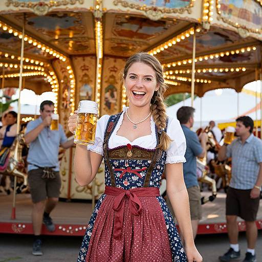 Photograph of a smiling young woman in traditional Bavarian dress holding a beer mug, standing in front of a brightly lit, ornate carousel at an