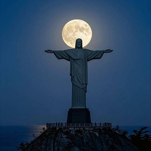 Photograph of Jesus Christ statue with outstretched arms, silhouetted against a bright full moon, set on a rocky hilltop at night