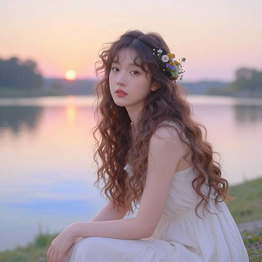 Photograph of a young Asian woman with long, wavy brown hair, wearing a white dress and flower crown, sitting by a serene lake during sunset