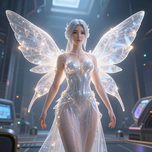 CGI fantasy image of a silver-haired fairy woman with glowing, translucent wings wearing a shiny, transparent dress in a futuristic city.