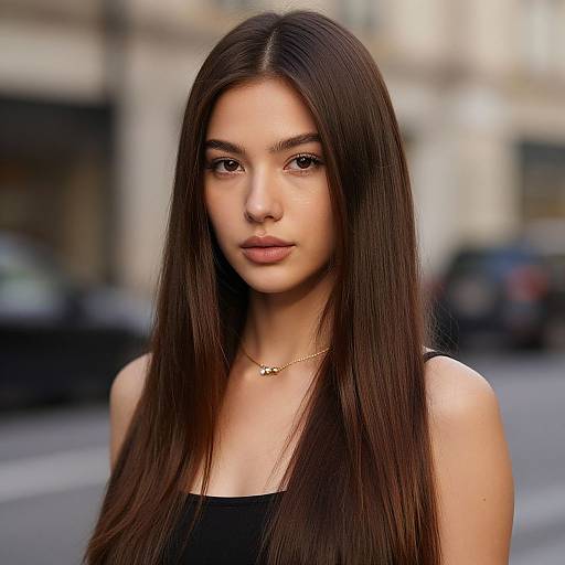 Photograph of a young woman with long, straight brown hair, wearing a black top and gold necklace, standing on a blurred urban street.