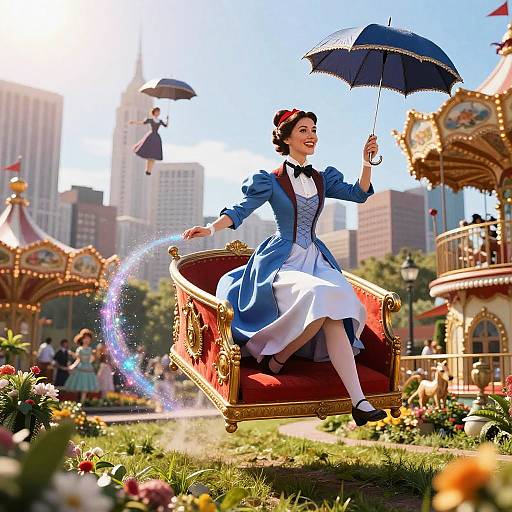 Digital art of a smiling woman in a blue 18th-century dress, holding a black umbrella, floating on a red ornate chair, surrounded by