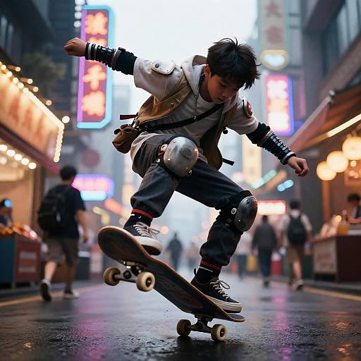 Retro-Futuristic Samurai Skateboarder 360 Flip