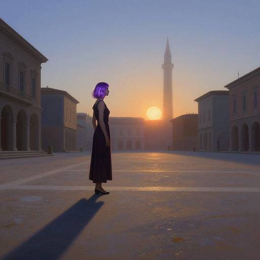Digital art: Silhouetted figure with purple hair stands in a sunlit, empty Italian piazza, shadow stretching across the cobblestone.