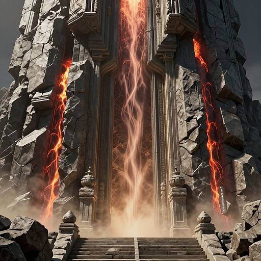 Digital artwork of a towering, ancient, rock-strewn temple with fiery lava pouring down its center, surrounded by bright, glowing flames.