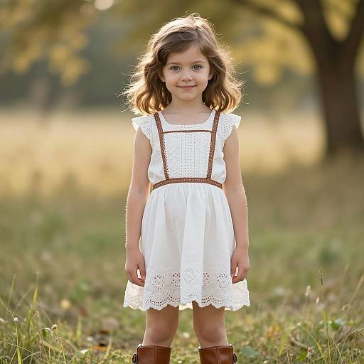 Photograph of a young girl with wavy brown hair, wearing a white lace dress with brown suspenders and brown boots, standing in a sunlit