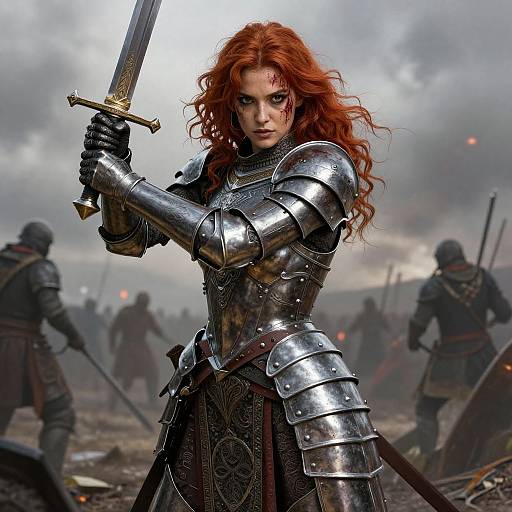 Photorealistic digital artwork of a fierce red-haired warrior woman in silver armor, holding a sword, amidst a battlefield with soldiers and smoke.