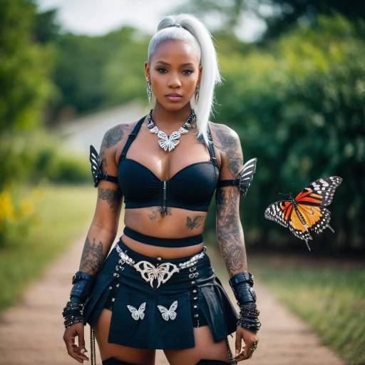 Woman in Black Butterfly Outfit with Tattooed Arms
