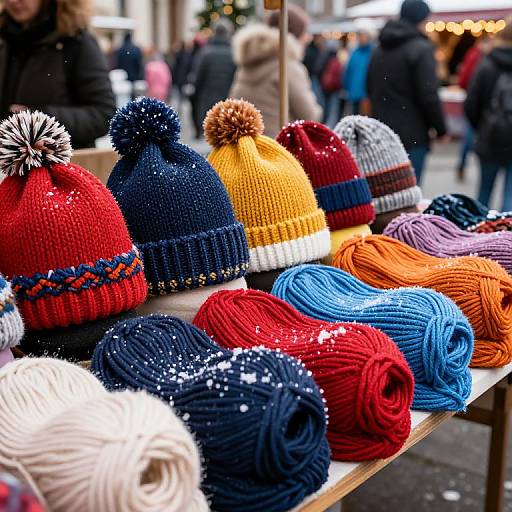Photograph of colorful knitted hats and yarns displayed on a street market table, with blurred festive crowd in the background.