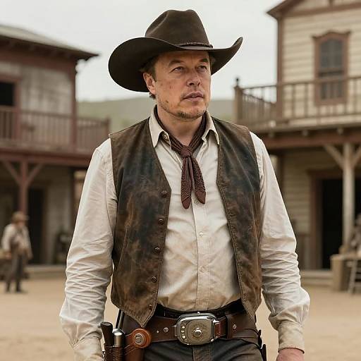 Photograph of a rugged, middle-aged white man in a brown cowboy hat, white shirt, and dark vest, standing in a Western town. Background