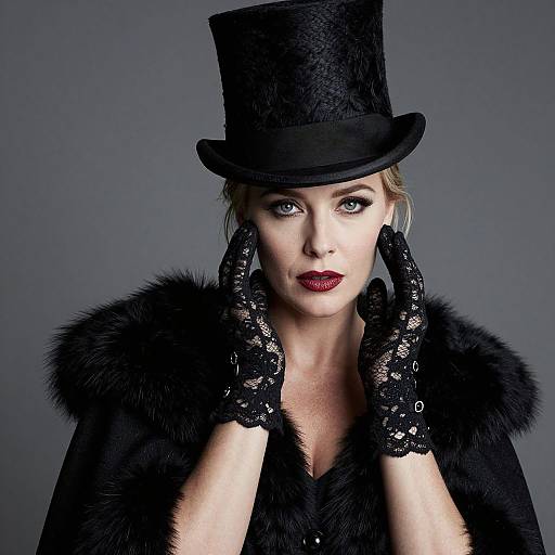 Photograph of a pale-skinned woman with blue eyes, wearing a black top hat, fur coat, and lace gloves, against a gray background.