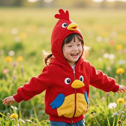 Joyful Girl in Bird-Themed Hoodie