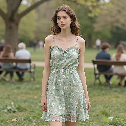 Young Woman in Light Green Floral Dress at Park