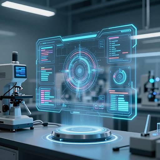 Digital holographic interface with glowing blue lines and codes, hovering above a futuristic laboratory workstation with a microscope.