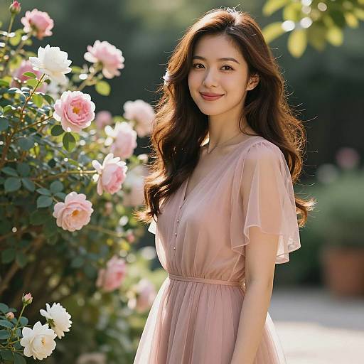 Asian Woman in Pink Dress in Flower Garden