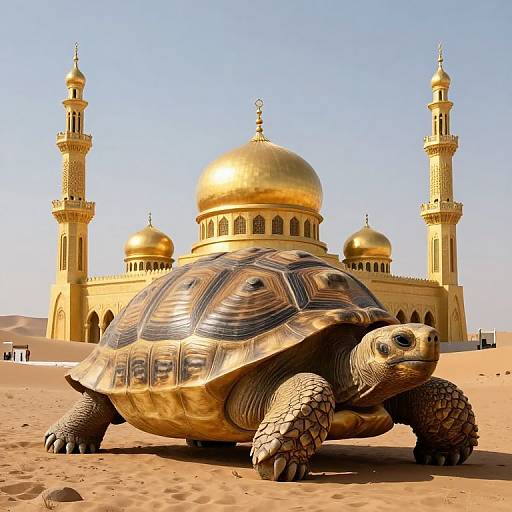 Photorealistic CGI: Large golden tortoise with detailed shell in front of a sunlit, golden-domed Islamic palace with two minarets in
