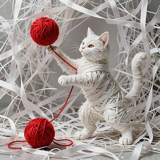 Photograph of a white, lifelike stuffed kitten with yellow eyes, holding a red ball of yarn amidst a chaotic background of white ribbons.