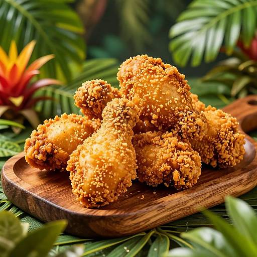 Photograph of golden-brown, crumb-coated fried nuggets on a wooden platter, surrounded by lush green tropical leaves and a red-orange