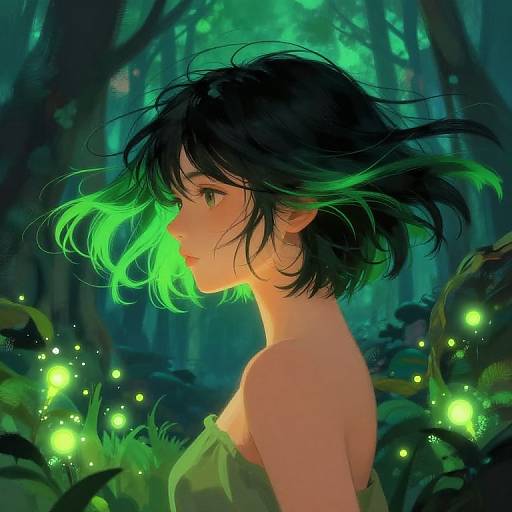 Digital art: Anime-style girl with black and green hair, glowing green highlights, profile view, surrounded by luminous fireflies in a dark, enchanted