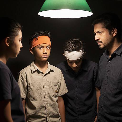 Four Figures in Dim Lighting Scene