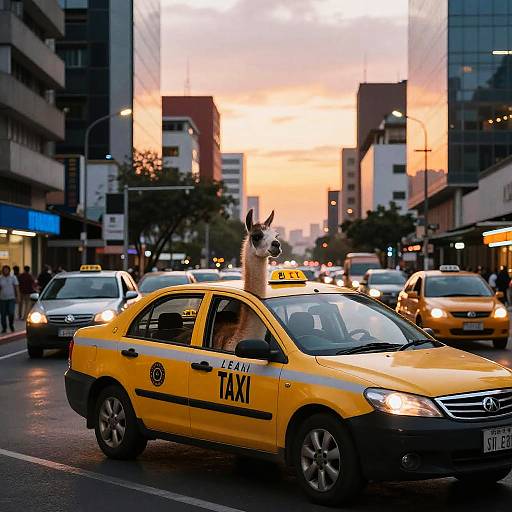 Photograph of a yellow Thai taxi with a dog's head sticking out of the window, driving on a busy urban street at sunset. Cityscape with