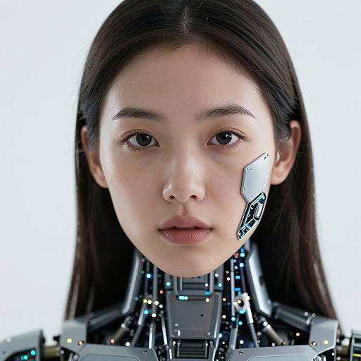 Photograph of an Asian woman with long black hair, cybernetic enhancements on her cheek and neck, against a white background.
