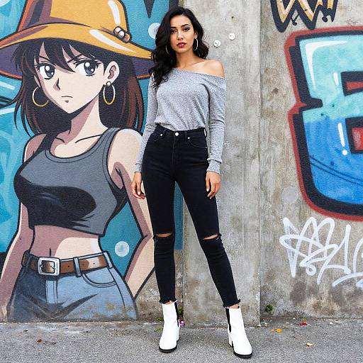 Woman in Streetwear Standing by Graffiti Wall
