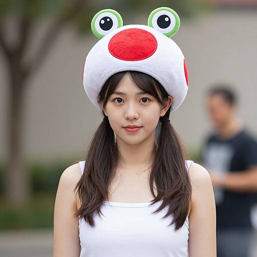 Asian woman with long brown hair in pigtails, wearing a white frog hat with red nose and green eyes, white sleeveless top, blurred man