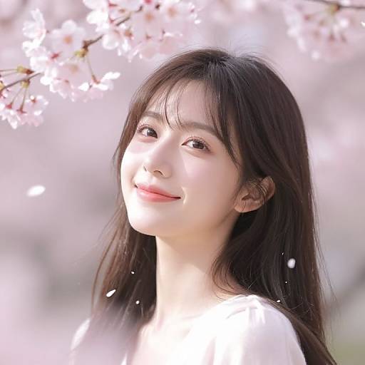 Photograph of a young Asian woman with long black hair, fair skin, and a gentle smile, standing amidst blooming cherry blossoms. Soft,